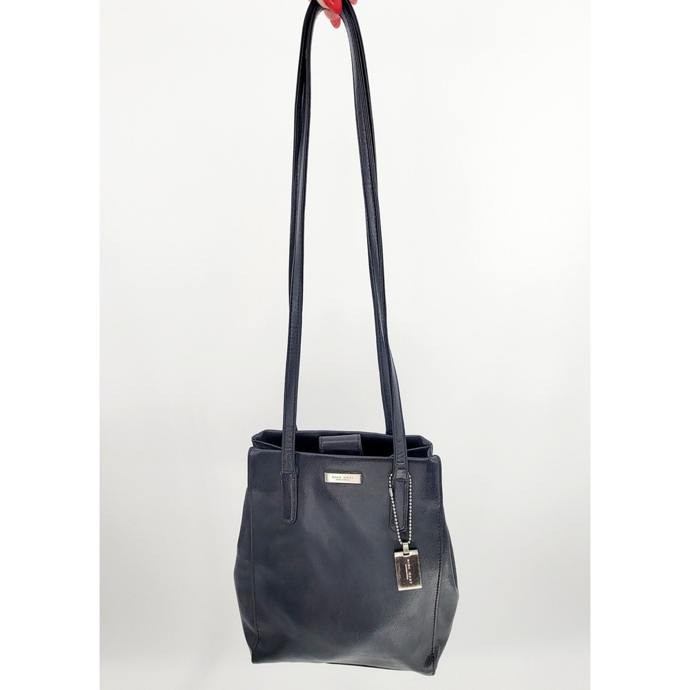 Nine West Navy Blue Faux Leather Shoulder Bag Tote Silver Hardware Minimalist